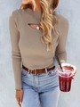 Close-up of the irregular hollow neckline on a tan ribbed knit sweater for women - Khaki
