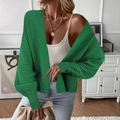 Women's emerald green chunky knit cardigan with oversized lantern sleeves and open front - S / Green