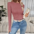 Women's slim fit long sleeve knit sweater in dusty rose pink with ribbed texture - Brick Red