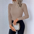 Detail of khaki turtleneck knit sweater with vertical ribbed texture and slim fit - S / Khaki