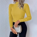 Detail of a slim fit yellow ribbed turtleneck sweater with fine knitted texture for women - S / Yellow