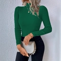 Detail shot of a dark green ribbed knit sweater featuring a stylish high neckline design - S / Dark Green