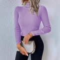 Close-up of light purple ribbed knit turtleneck sweater with vertical texture and accessories - S / Purple
