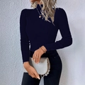 Detail of navy blue ribbed knit sweater featuring a chic high-neck design for women - S / Navy Blue