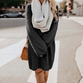 Street style view of loose charcoal knit dress with chunky grey scarf and suede boots - S / Black