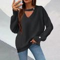 Women black long sleeve knit sweater featuring cut-out V-neck with elegant pearl buttons - S / Black