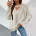 Chic beige knit sweater with a hollow V-neck and pearl buttons on sleeves for women - S / Apricot
