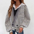 Women's V-neck knit cardigan sweater featuring classic grey and white horizontal stripes - S / Gray