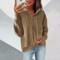 Brown hooded knit cardigan with wood-style buttons and ribbed cuffs on street model - XL / Light Coffee