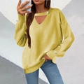Detail of knit sweater with V-neck hollow out design and pearl button embellishments - S / Yellow