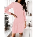Women's pink long sleeve plush knit sweater dress in a cozy home setting - S / Pink