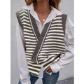 Gilet en maille rayée pour femme avec col en V et boutons asymétriques gris - S / Gris-Gilet