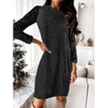 Cozy black fuzzy knit long sleeve dress for autumn winter casual indoor wear - S / Black