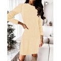 Detail of a beige long-sleeve knit sweater dress featuring soft plush faux fur texture - S / Beige