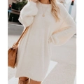 Loose-fitting white long-sleeved fuzzy knit sweater dress with round neck for winter - S / Off White