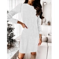 White plush long sleeve knit dress for women with a soft textured faux fur finish - S / White