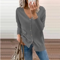 Detailed macro view of the grey ribbed cuffs and button closure on this V-neck knit cardigan - Gray