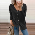 Classic black V-neck knit cardigan for women with buttons and ribbed cuffs for fall - Black