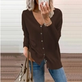 Detail of dark brown V-neck button-down knit cardigan with ribbed cuffs and hem style - Coffee