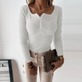 White ribbed knit long sleeve fitted top with button V-neck and square collar design - S / White