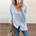 Detailed close-up of light blue knit cardigan featuring V-neck and dark brown buttons - Sky Blue