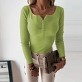 Close-up of lime green ribbed knit sweater featuring Henley button neckline and slim fit - Fruit Green / S