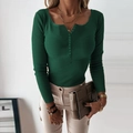 Detail of dark green ribbed knit long sleeve sweater with V-neckline button accents - Dark Green / S