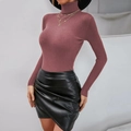 Women's turtleneck ribbed knit top and black faux leather ruched mini skirt set - S / Tops / Brick Red