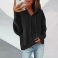 Women's black ribbed knit hooded cardigan with button front and drawstring hood detail - XL / Black