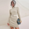 Beige ribbed knit mini dress with high neck and white leather belt on model - S / Apricot