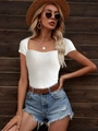 Close-up of white ribbed knit short sleeve top with a square neck and summer styling - XS / White