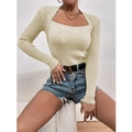 Slim fit beige ribbed knit sweater for women with a trendy square neckline and long sleeves - Apricot