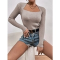Women's 2-piece rib-knit set with square neck top and cardigan in light coffee beige - Khaki
