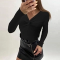 Women's black V-neck knitted sweater with twist front and leather mini skirt - S / Black