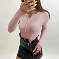 Detail of pink ribbed knit V-neck sweater with buttons and black leather skirt with belt - Pink