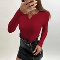 Close-up of deep red ribbed knit V-neck sweater with button detail and slim fit texture - Burgundy