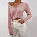 Detail shot of pink ribbed knit cardigan texture with button closure and V-neckline - S / Pink