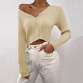 Detailed close-up of a women's beige V-neck button-up ribbed knit cardigan sweater coat - Apricot