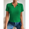 Detail of emerald green short sleeve knit Polo shirt with ribbed texture and ruffle cuffs - S / Green