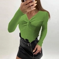 Close-up of grass green V-neck knit sweater with twist-front design and ribbed texture - Light Green