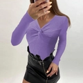 Close-up of purple knit top with twist knot front and deep V-neckline in rib fabric - Purple