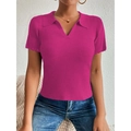 Rose red short sleeve knit polo shirt with V-neck and ruffled cuffs on a model - S / Rose Red