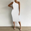 Sleeveless white one-shoulder bodycon knit dress in ribbed fabric shown on model - XS / White