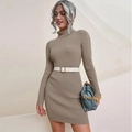 Elegant khaki slim-fit knit maxi dress with turtleneck design and white leather belt - S / Khaki