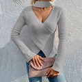 Top maglione a maniche lunghe in maglia a coste grigio chiaro con scollo a V - S / Grigio