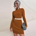 Slim fit long sleeve knit dress in caramel orange with high neck and white waist belt - S / Caramel color