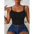 Women's black ribbed knit tank top with slim fit spaghetti straps in summer style - Black