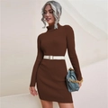 Slim fit dark coffee long sleeve ribbed knit dress with high neck and waist belt - S / Brown