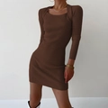 Detail of dark brown knit dress featuring a square neckline and ribbed texture fabric - XS / Coffee
