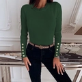Detail of dark green ribbed knit sweater featuring elegant gold buttons on cuffs - Dark Green